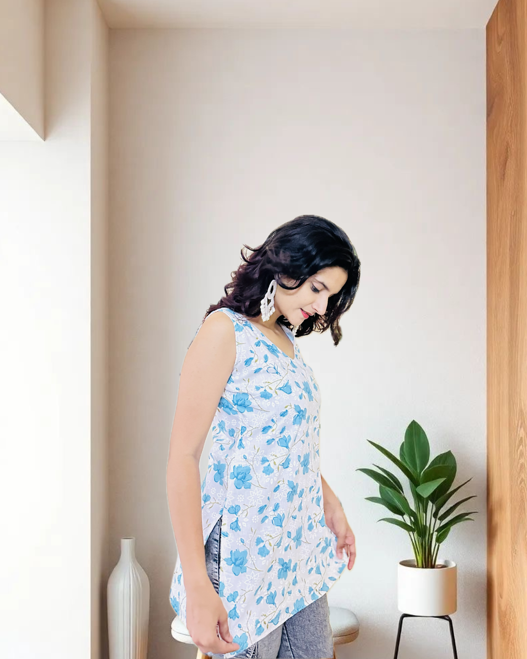 White & Blue Floral Sleeveless
