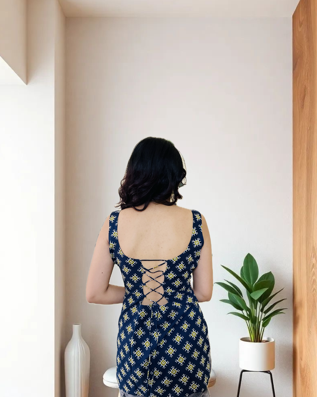 Navy Blue Geometric Print Lace-up Design