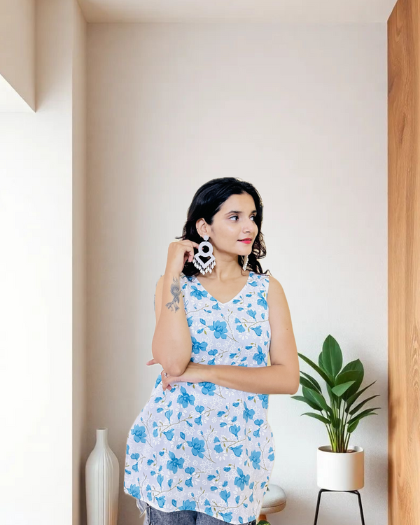 White & Blue Floral Sleeveless
