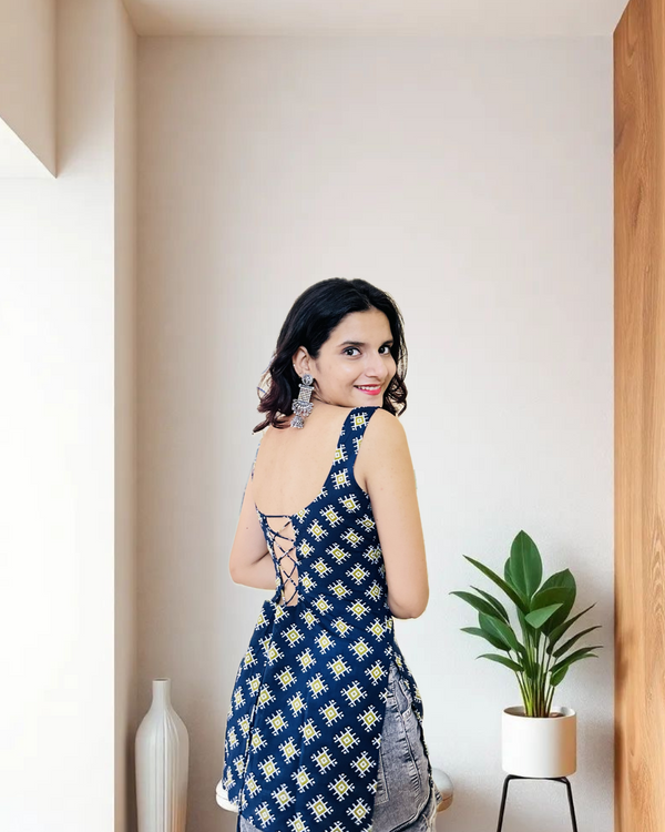 Navy Blue Geometric Print Lace-up Design